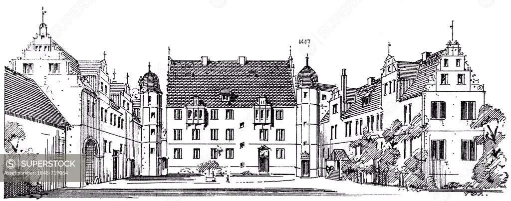 Historical architectural illustration from the 19th Century, 1875, buildings in the Weser Renaissance style, Schloss Schwoebber Castle, Hameln, Lower ...