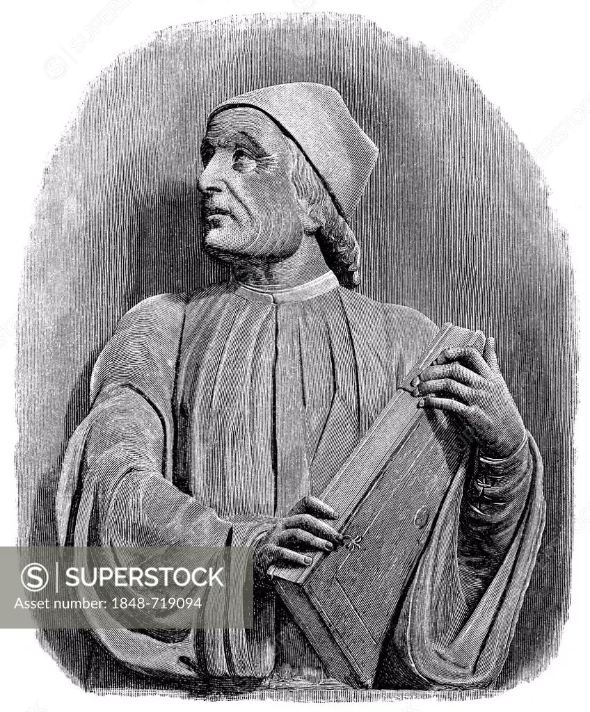 Historical illustration from the 19th Century, portrait of Marsilio Ficino, 1433 - 1499, an Italian humanist and philosopher