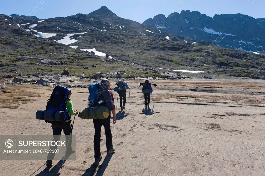 Group of hikers near Tasiilaq or Ammassalik, East Greenland, Greenland