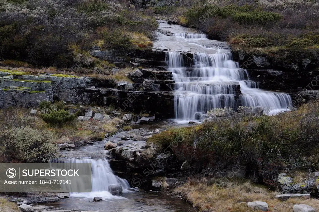 Waterfall in a fjell landscape, Ringebufjellet, Norway, Europe