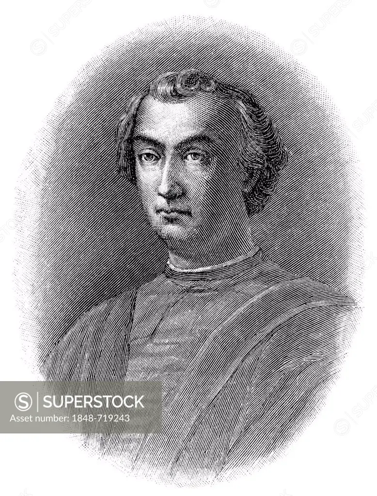 Historical illustration from the 19th Century, portrait of Matteo Villani, died in 1363, an Italian historian and writer