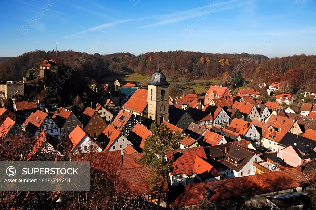 Upper Franconian village with church and castle from 1311, from the observation tower on Schmidberg hill, Betzenstein, Upper Franconia, Bavaria, Germa...