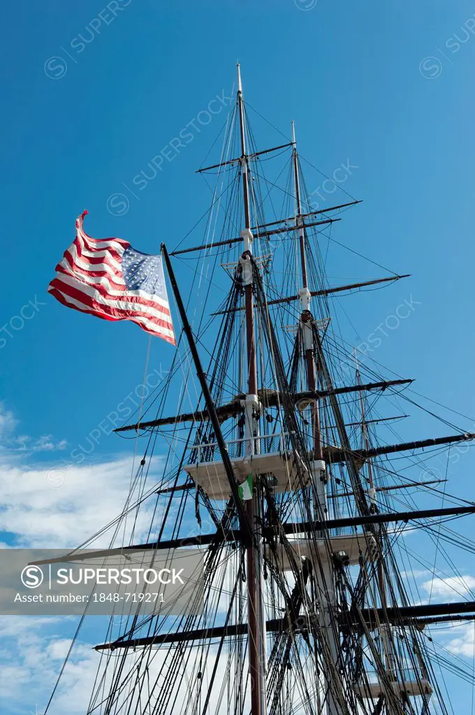 Museum ship, USS Constitution, masts, rigging and national flag, frigate of the U.S. Navy, Charlestown Navy Yard, Freedom Trail, Boston, Massachusetts...