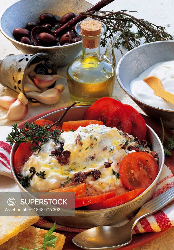 Herb sheep cheese cream with yogurt, olives and garlic, Turkey