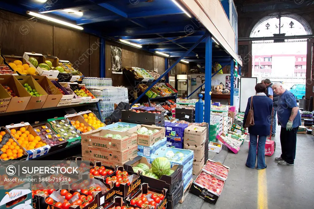 Fruits and vegetables in the wholesale market, Dublin City Fruit and Vegetable Market, in a Victorian indoor market hall in the Smithfield area, Dubli...