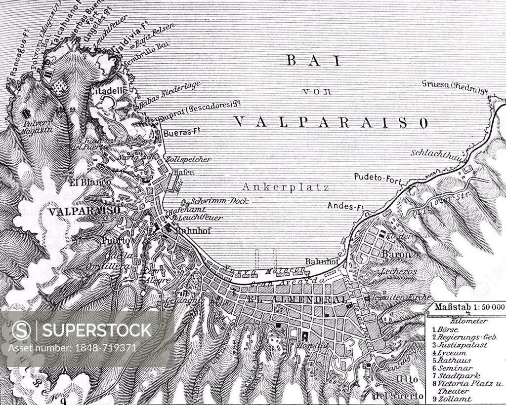 Map of Valparaiso, Chile, historical illustration, Meyers Konversationslexikon encyclopedia, 1897