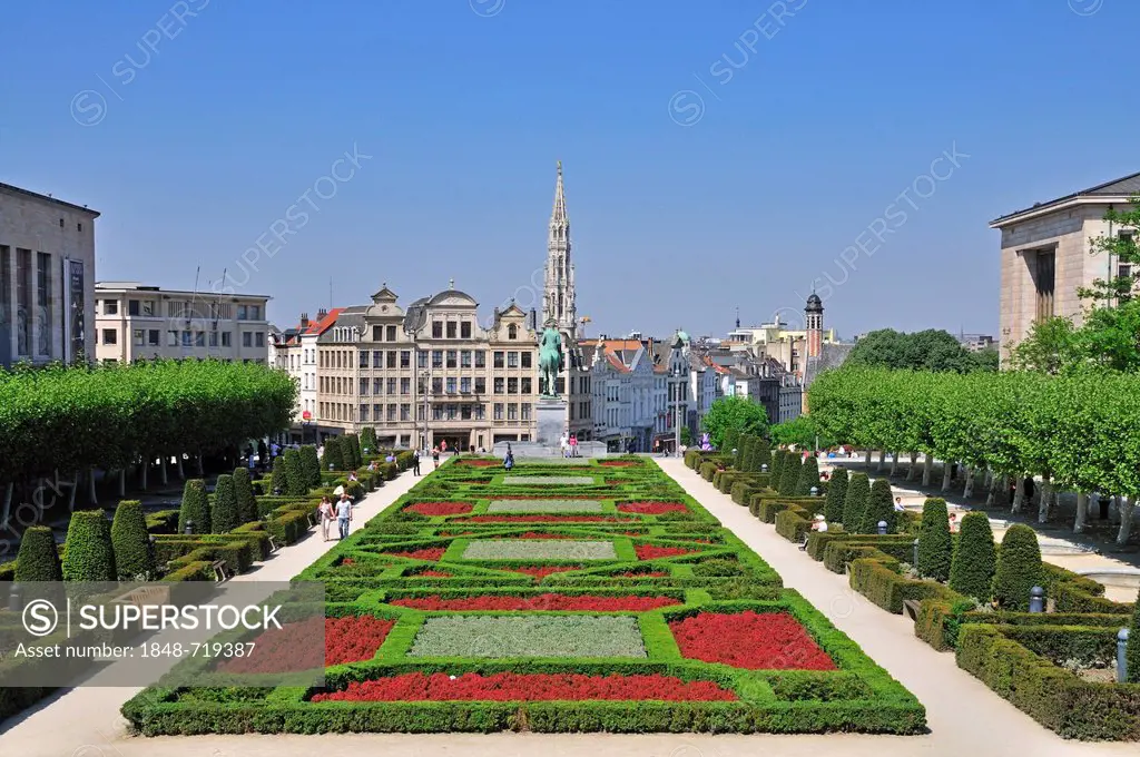Panoramic view from the Mont des Arts to the equestrian statue of King Albert I, park at the Albert I Royal Library, Place de l'Albertine, Gothic towe...