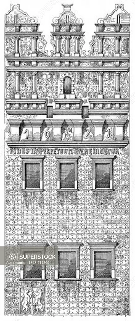 Historical architectural illustration from the 19th Century, 1873, residential building in on the Ring, facade in the style of the Renaissance, Brzeg or Brieg, a town in Silesia, Poland