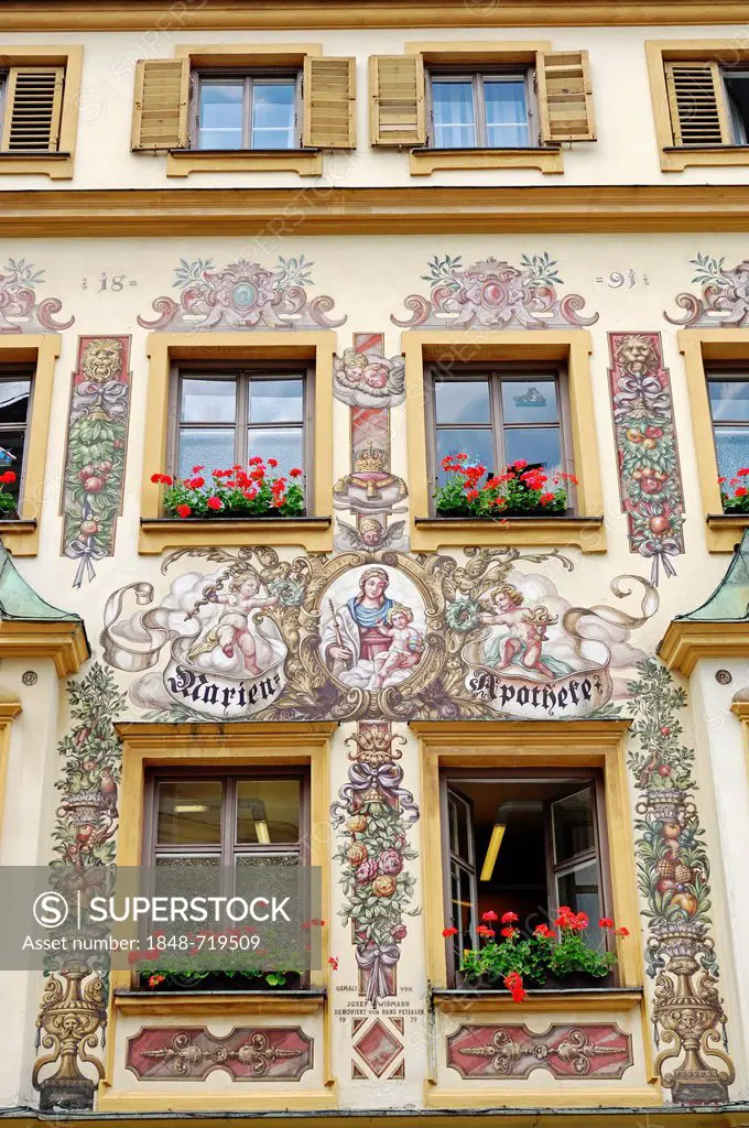Murals on Marien-Apotheke, St. Mary's Pharmacy, in Traunstein, Chiemgau, Bavaria, Germany, Europe, PublicGround