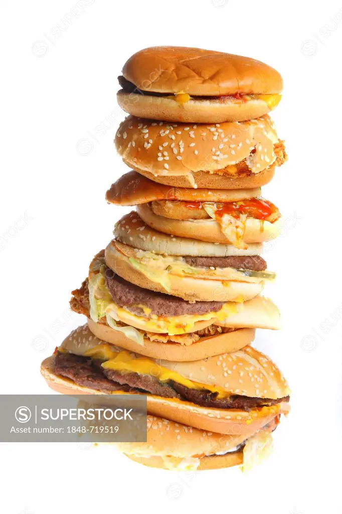 Fast food, stacked hamburgers, cheeseburgers, chickenburgers, vegetable burgers, fish burgers