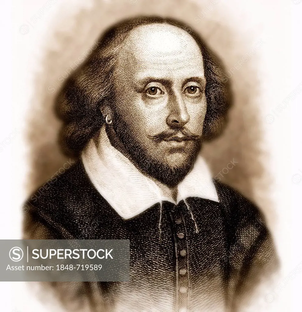 Historical engraving, digitally processed, portrait of William Shakespeare, 1564 - 1616, Chandos portrait, an English playwright, poet and actor