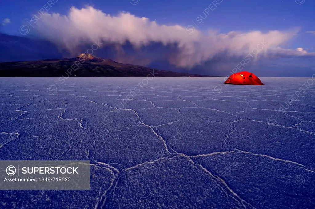 Salt lake with a tent during the blue hour, Salar de Uyuni, Uyuni, Bolivia, South America