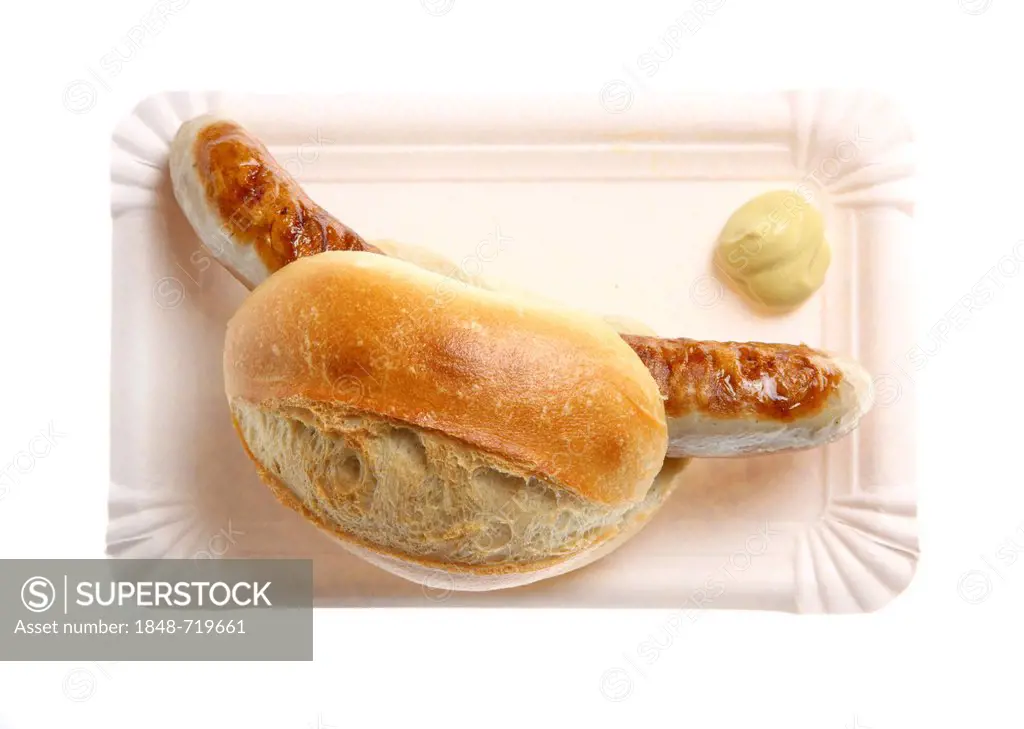 Fast food, grilled sausage in a bun with mustard