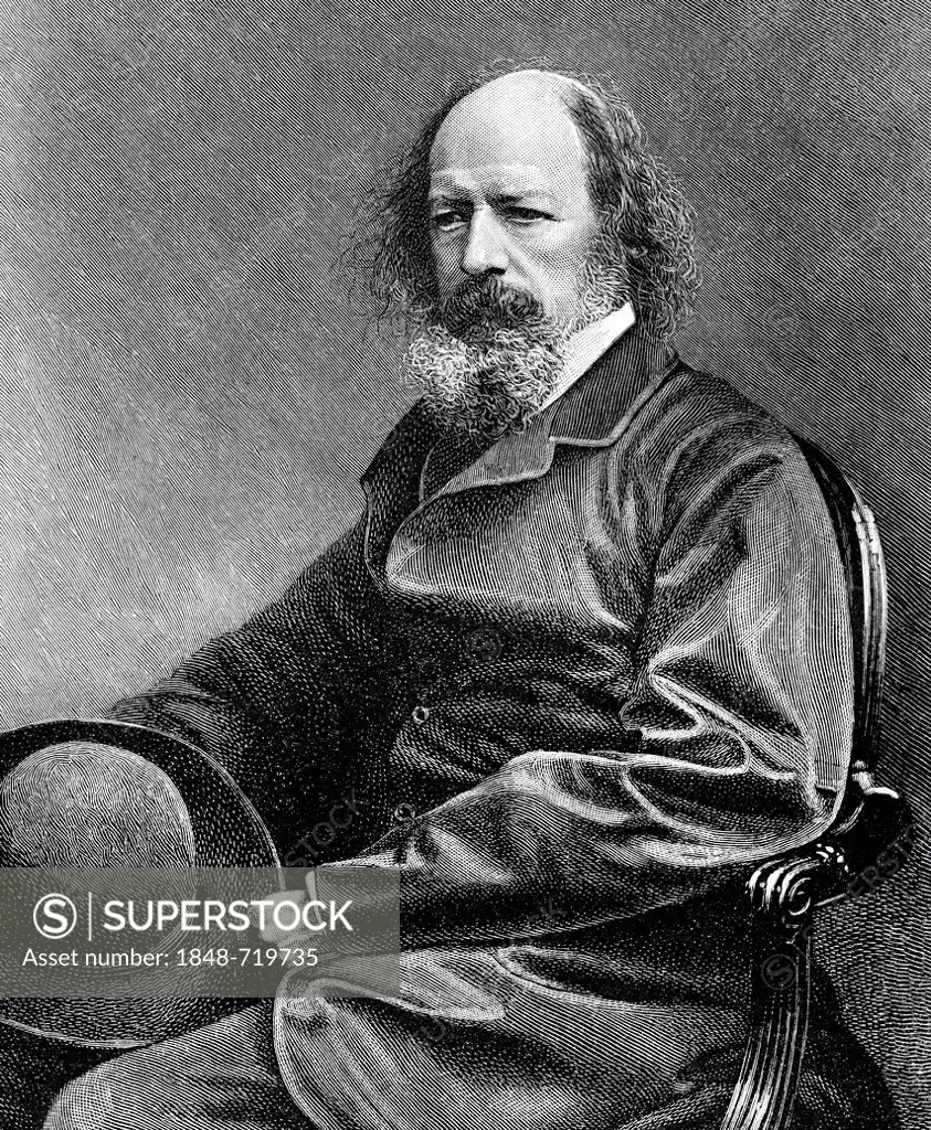 Historical illustration from the 19th Century, portrait of Alfred Tennyson, 1st Baron Tennyson, 1809 - 1892, a British poet of the Victorian era