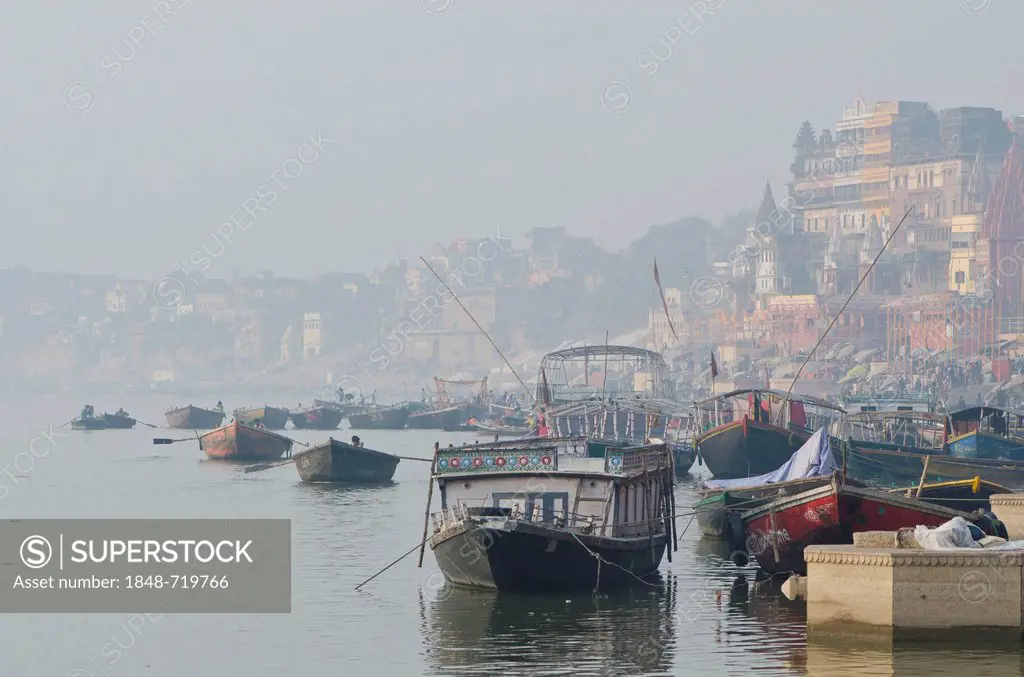 Boats on the holy river Ganges, Varanasi, Uttar Pradesh, India, Asia