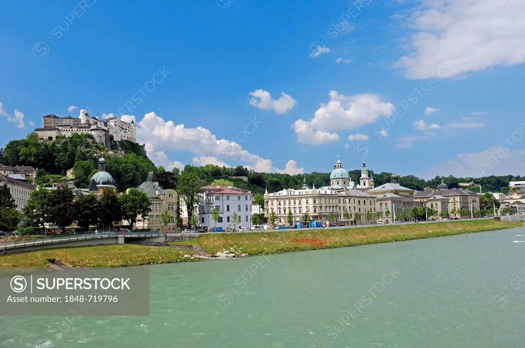 View over the Salzach River towards the historic town centre of Salzburg with the Hohensalzburg Fortress, Austria, Europe