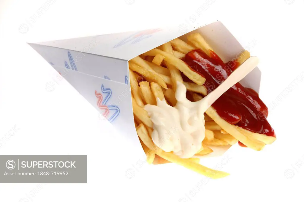 Fast food, French fries in a bag with ketchup and mayonnaise