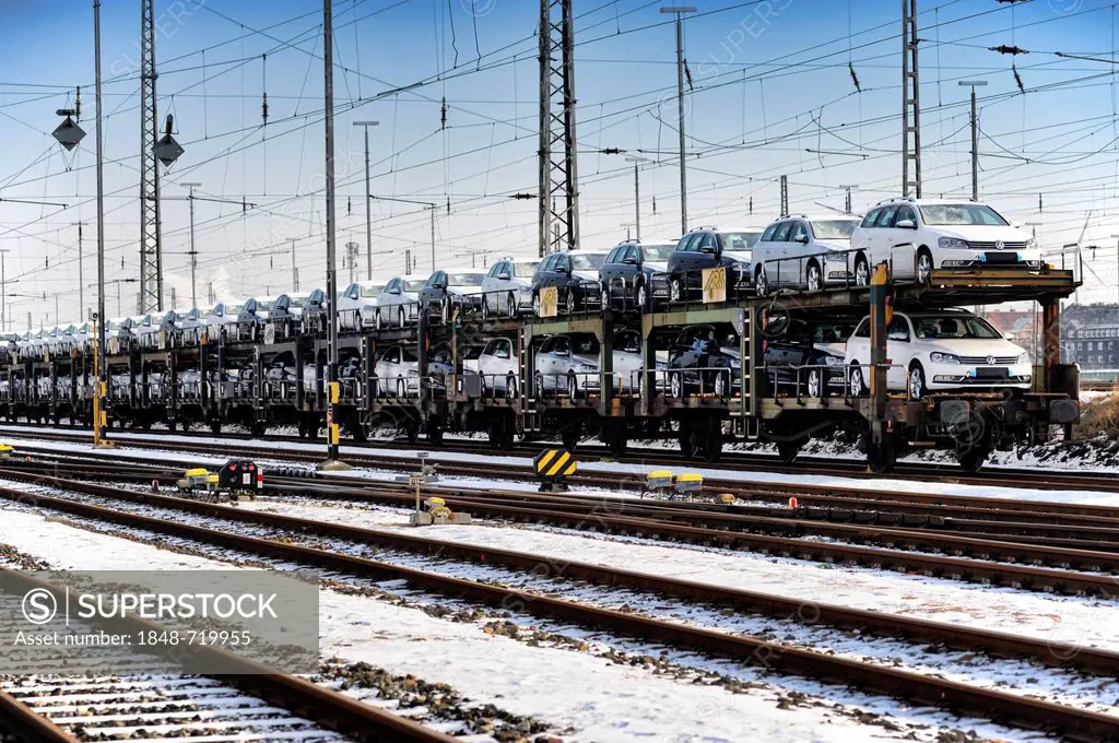 Port railway, freight train loaded with cars, Hamburg, Germany, Europe