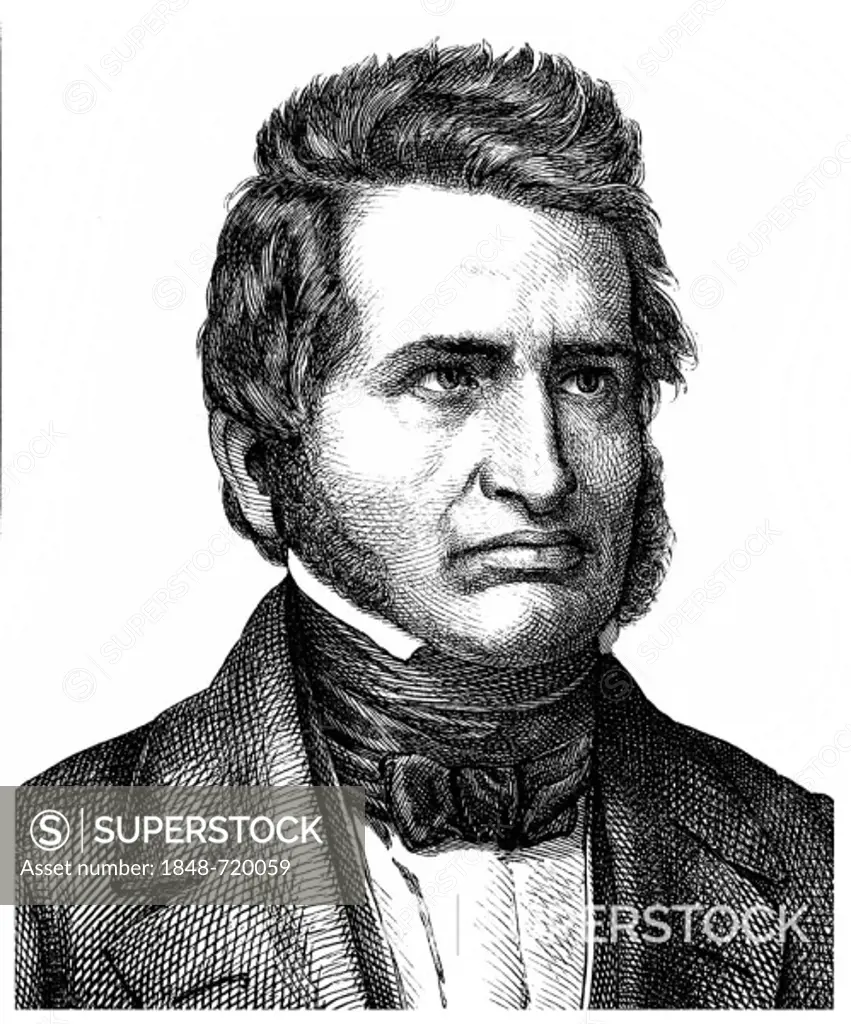 Historical illustration from the 19th Century, portrait of Friedrich Christoph Dahlmann, 1785 - 1860, a German historian and statesman, one of the Goe...