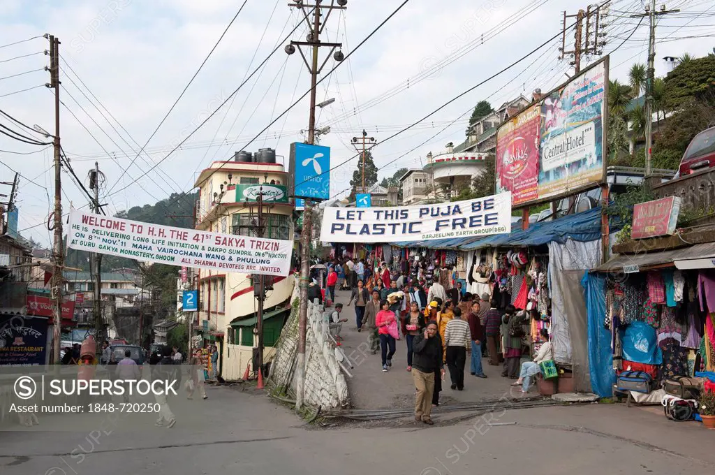 Pedestrians in the town centre, Nehru Road, The Mall, banner calling for avoidance of plastic, Darjeeling, West Bengal, India, South Asia, Asia