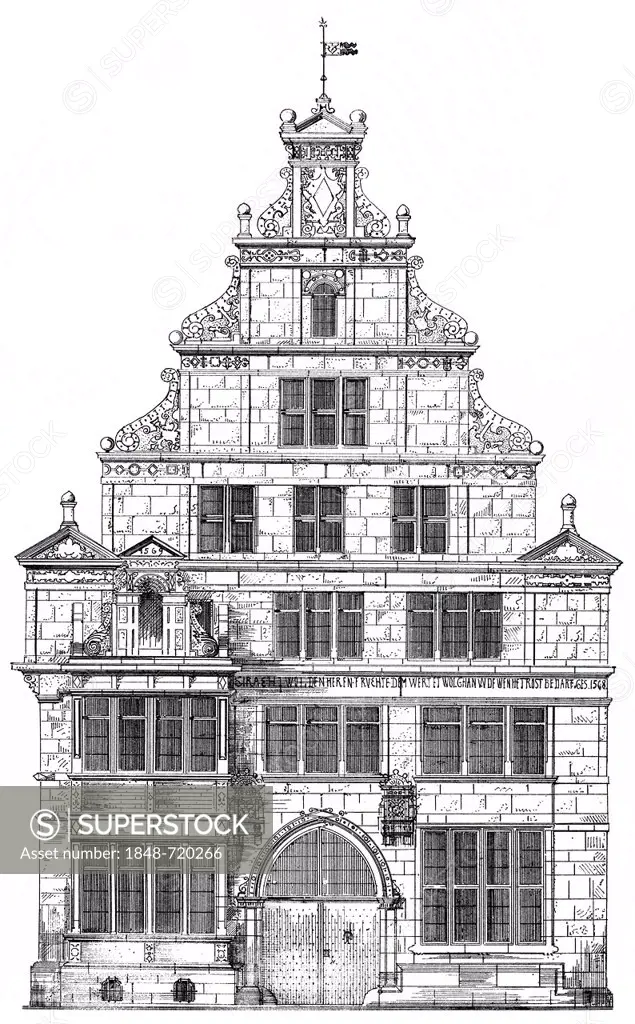 Historical architectural illustration from the 19th Century, 1875, facade in the Weser Renaissance style, Baeckerstrasse, Hameln, Lower Saxony, German...