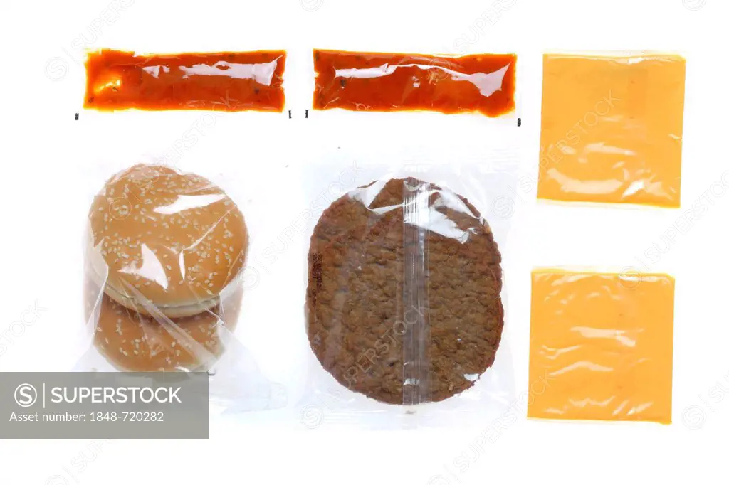 Fast food, individually packaged ingredients from the refrigerator to make your own hamburger with cheese