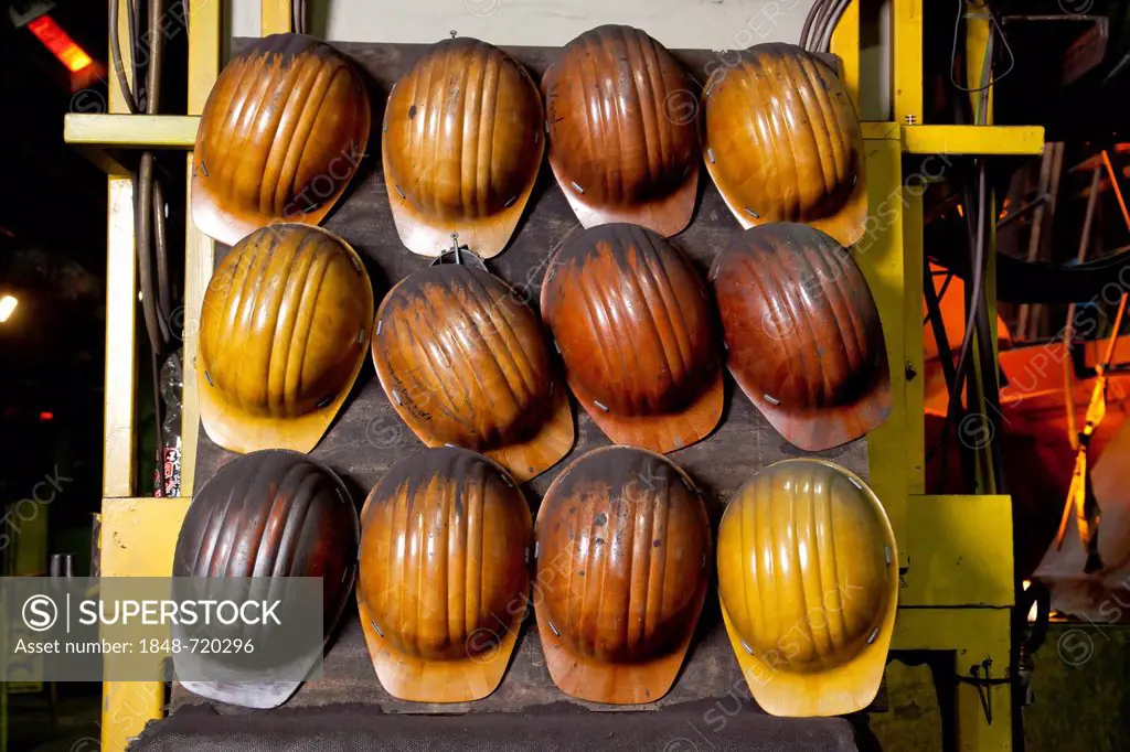 Protective helmets of the employees of the Luitpoldhuette AG, a foundry that specializes in the casting of engine blocks, motor parts and refrigeratio...