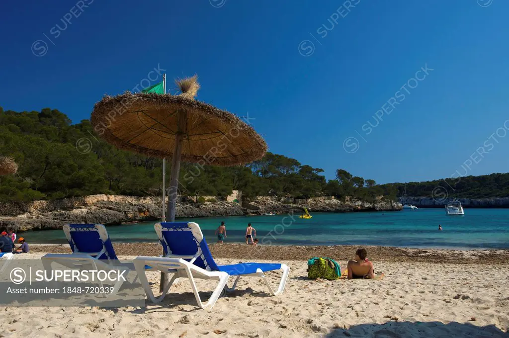 Deck chairs on the beach, Cala Mondrago, Majorca, Balearic Islands, Spain, Europe