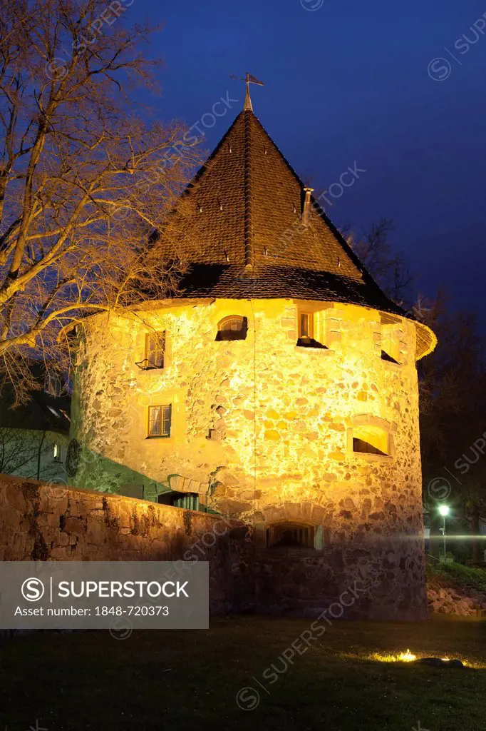 Gallus Tower on the bank of the Rhine River at night, Bad Saeckingen, Waldshut district, Upper Rhine, Black Forest, Baden-Wuerttemberg, Germany, Europ...
