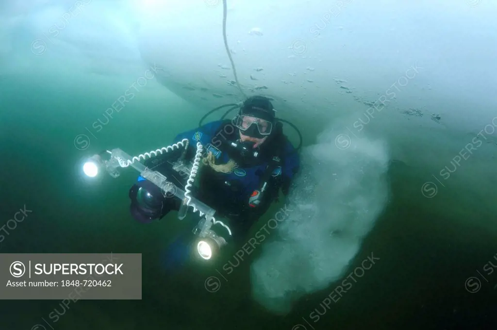 Diver, subglacial diving, ice diving, in the frozen Black Sea, a rare phenomenon, last time it occured in 1977, Odessa, Ukraine, Eastern Europe