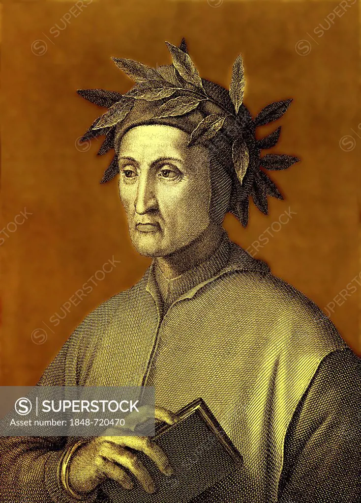 Historical print from the 19th Century, digitally edited, portrait of Dante Alighieri, 1265 - 1321, an Italian poet and philosopher