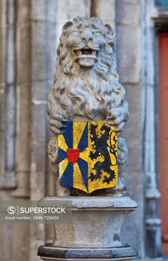 Lion's sculpture with a coat of arms at the Basilica of the Holy Blood, old town of Bruges, UNESCO World Heritage Site, West Flanders, Flemish Region,...