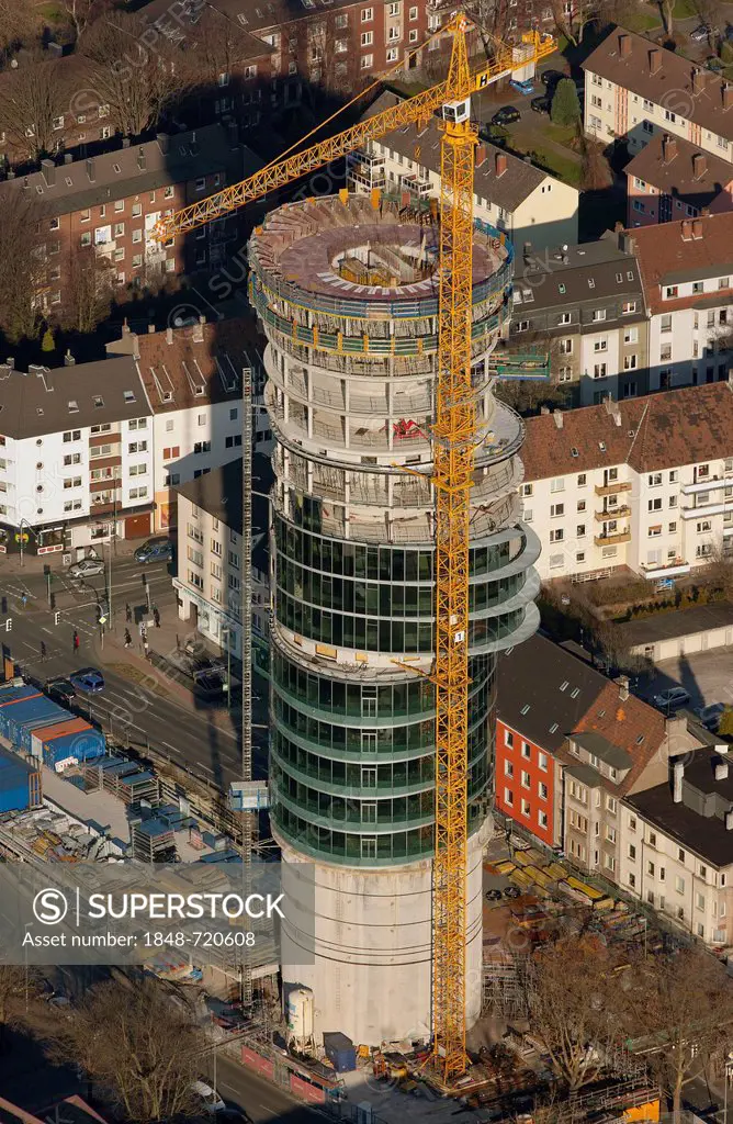 Aerial view, Exzenterhaus, office building, rebuilding of old air raid shelter, under construction, Universitaetsstrasse, Bochum, Ruhr Area, North Rhi...