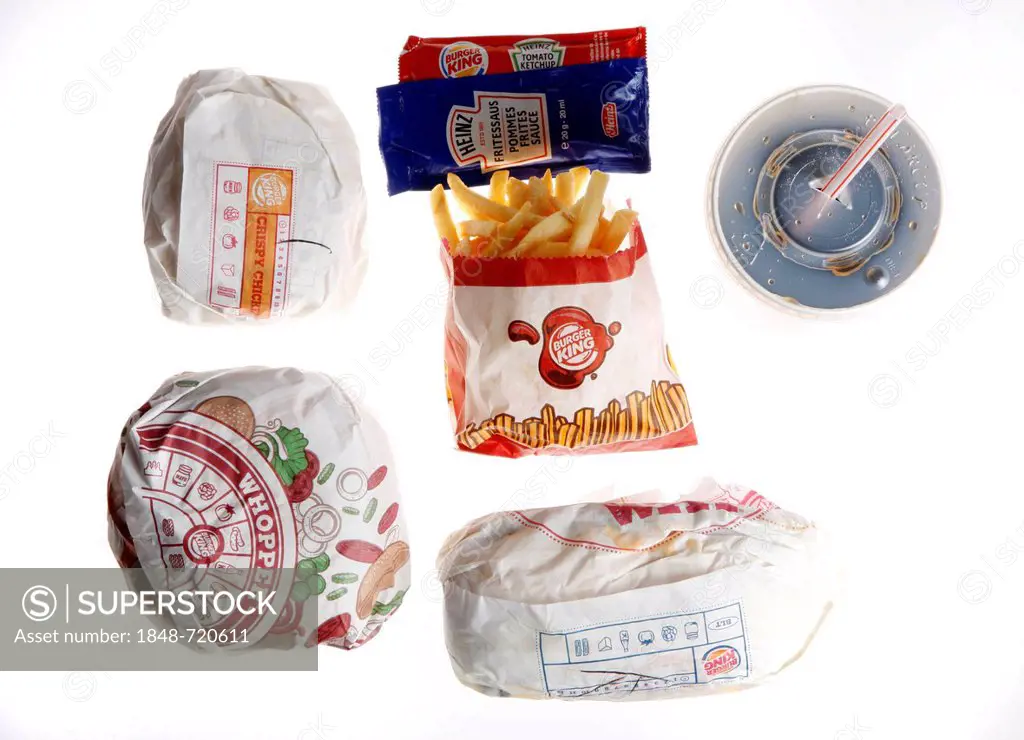Fast food, various items from Burger King, packed with a soft drink