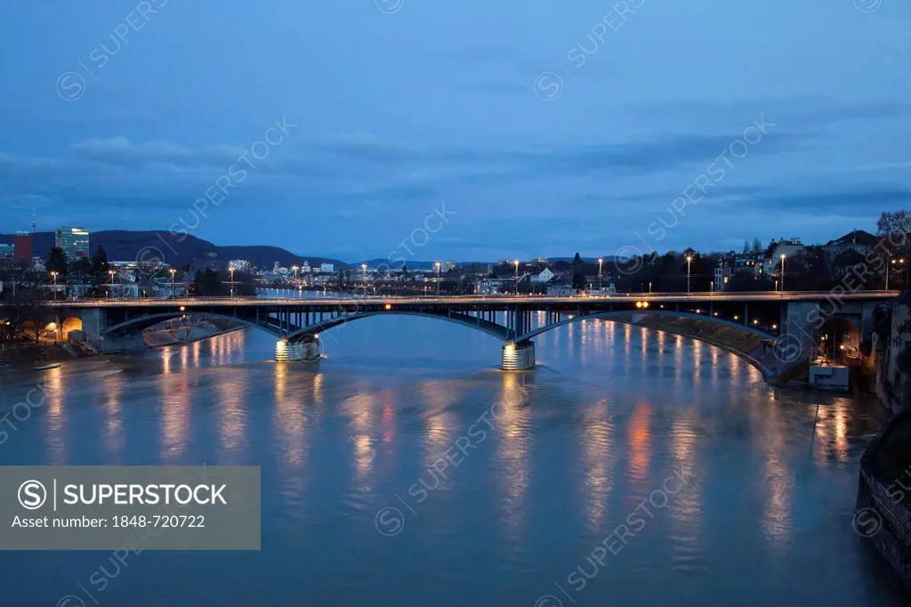 Wettstein Bridge crossing the Rhine River, evening light, Basel, Canton of Basel-Stadt, Switzerland, Europe, PublicGround