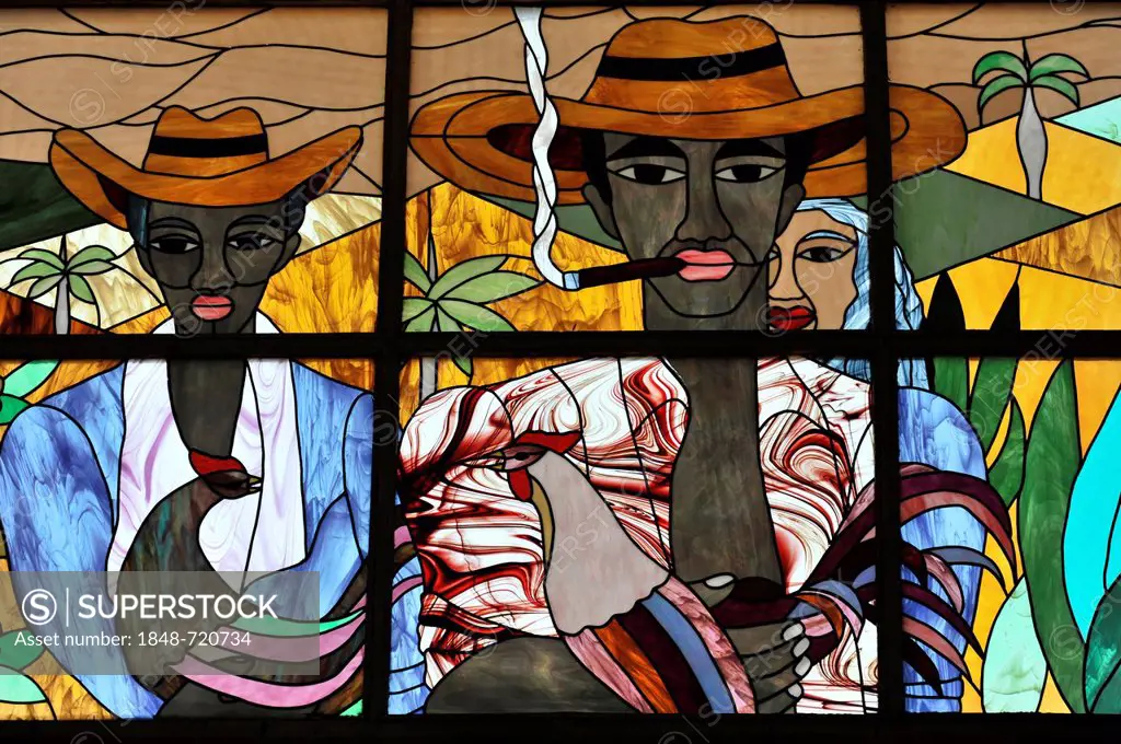 Coloured, stained glass windows in the lobby, reception area of the 4-star Brisas Trinidad Del Mar Hotel, Trinidad, Cuba, Greater Antilles, Caribbean,...