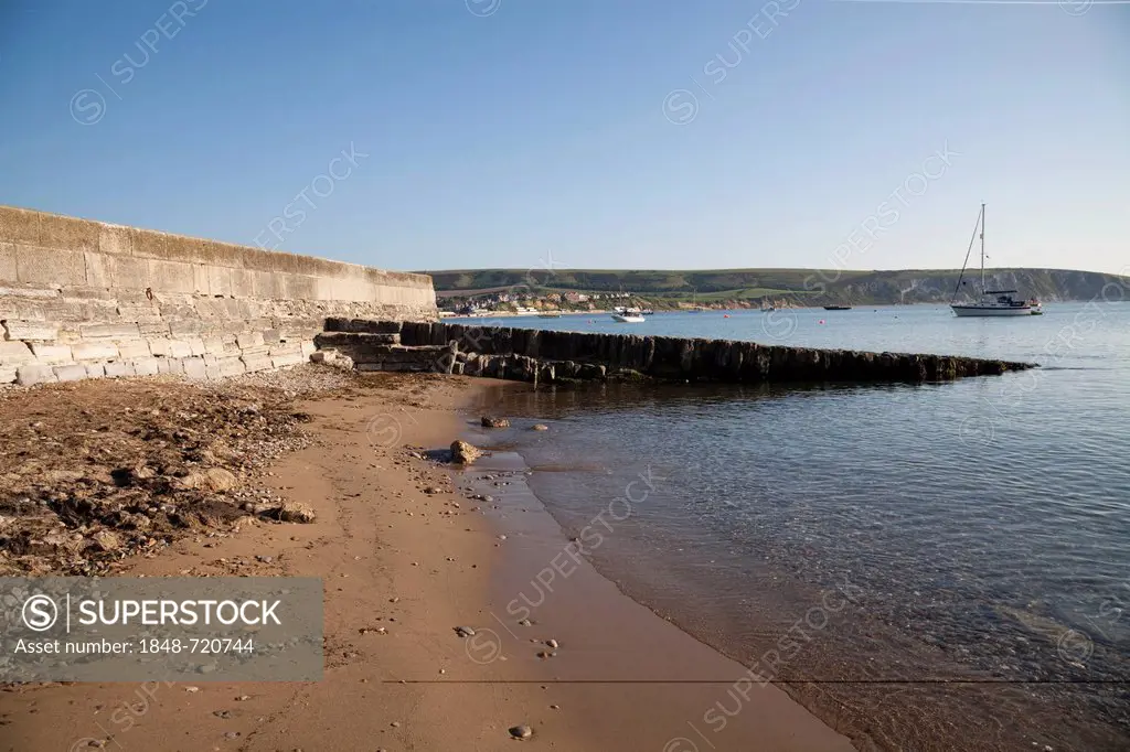 Sea wall sea defence and slipway at Swanage bay, Dorset, England, United Kingdom, Europe