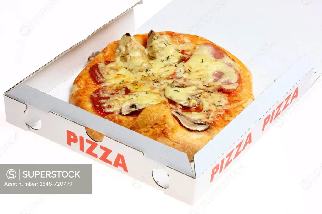 Fast food, pizza with pepperoni, mushrooms and artichokes, in a takeaway pizza box