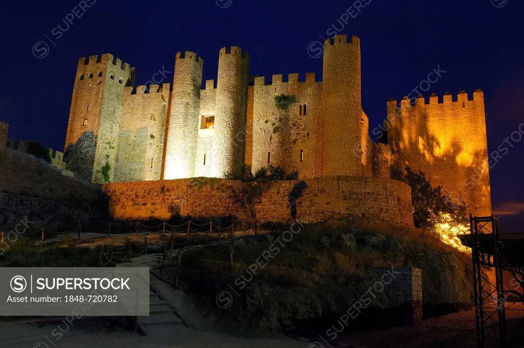 Obidos castle at dusk, now Hotel Pousada, Obidos, Leiria distric, Estremadura, Portugal, Europe