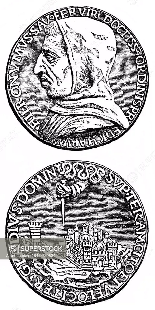 Historical illustration from the 19th Century, commemorative coin for Girolamo Hieronymus Savonarola, 1452 - 1498, an Italian Dominican and preacher o...
