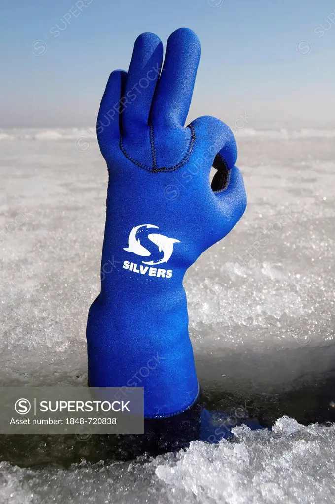 Diver's hand giving the OK sign, subglacial diving, ice diving, in the frozen Black Sea, a rare phenomenon, last time it occured in 1977, Odessa, Ukra...