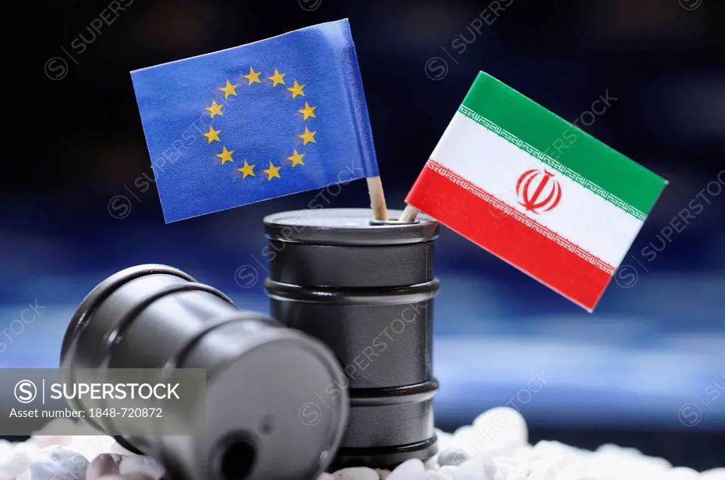 EU flag and flag of Iran in oil drums, symbolic image for an oil embargo by the EU against Iran