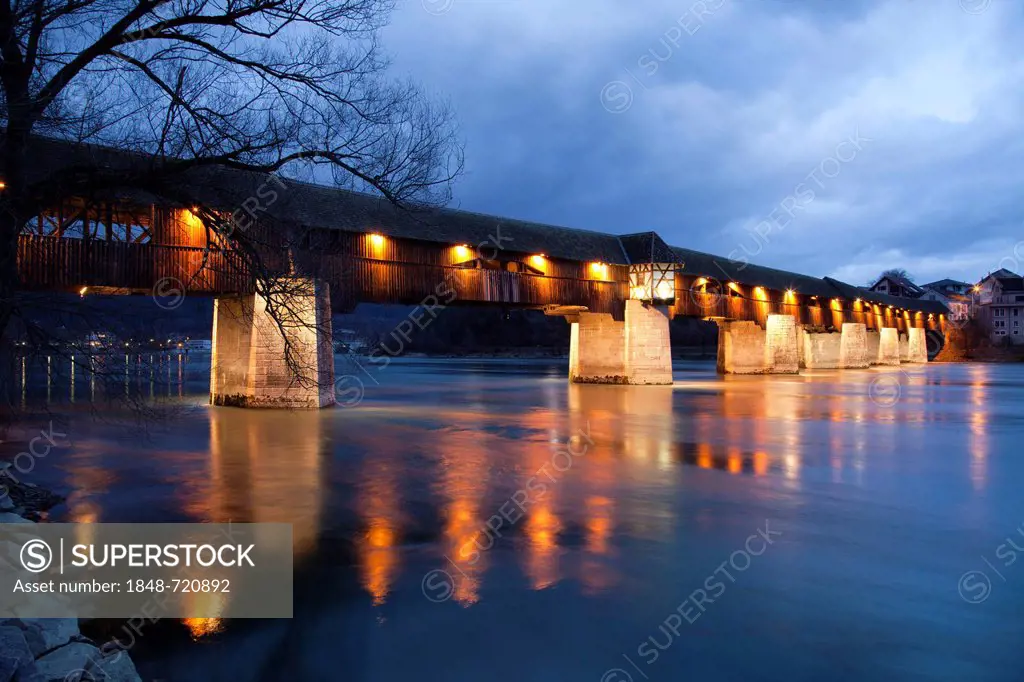 Covered wooden bridge crossing the Rhine River, Bad Saeckingen, Waldshut district, Upper Rhine, Black Forest, Baden-Wuerttemberg, Germany, Europe, Pub...