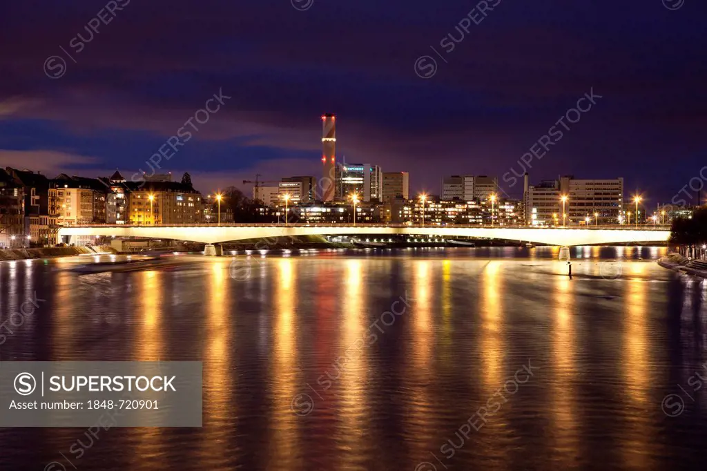 Johanniterbruecke Bridge crossing the Rhine River, night shot, Basel, Canton of Basel-Stadt, Switzerland, Europe, PublicGround