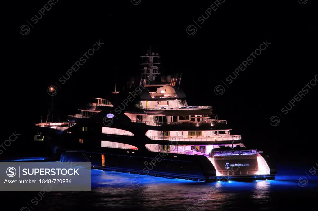Motoryacht Serene, 133.9m, built in 2011 by yacht builder Fincantieri Yachts and owned by Yuri Scheffler, at night, Côte d'Azur, Monaco, France, Medit...