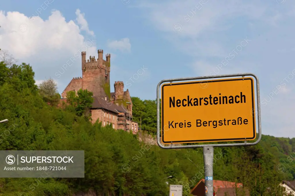 Town sign, Neckarsteinach, Mittelburg Castle, Vierburgeneck, Neckar River, Neckartal-Odenwald Nature Reserve, Hesse, Germany, Europe, PublicGround