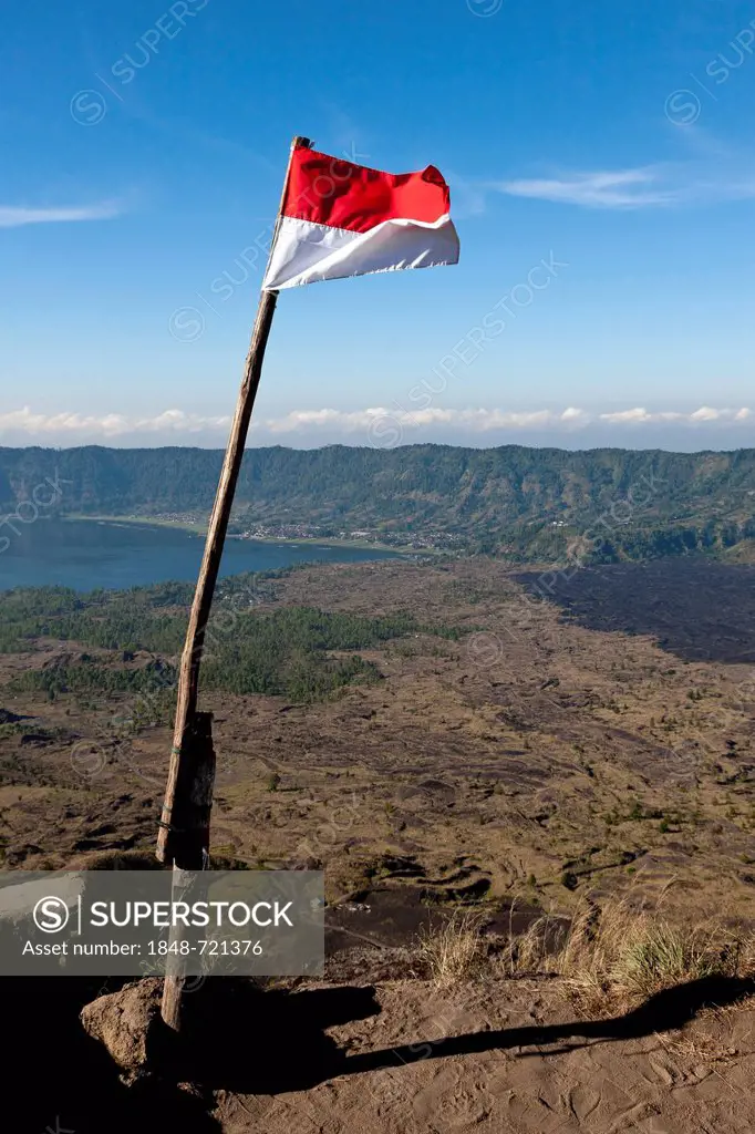 Indonesian flag raised on Mount Gunung Batur, Central Bali, Bali, Indonesia, Southeast Asia, Asia
