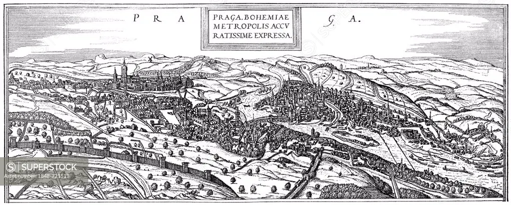 Historical illustration from the 19th Century, cityscape of Prague in the 16th Century, Czech Republic, Europe