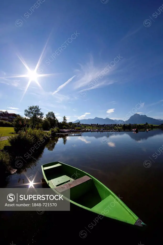 Fishing boat, Lake Hopfen, Hopfen am See, Allgaeu, Bavaria, Germany, Europe