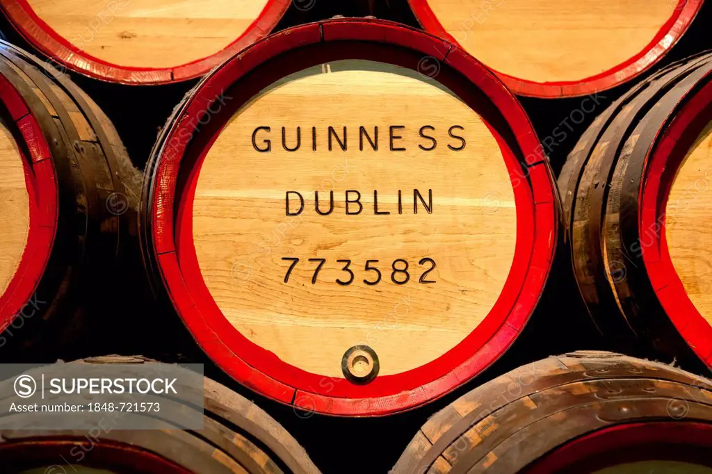 Guinness beer barrels in the museum of the Storehouse in the Guinness brewery, part of the Diageo drinks company, Dublin, Ireland, Europe
